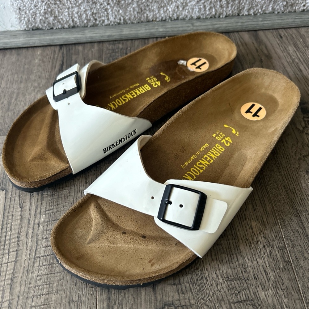 Birkenstock Madrid Womens White Patent Birko-Flor Slide Sandals Size:42 US:11